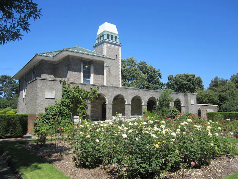 Honor Oak Crematorium chapel and rose garden, near East Dulwich