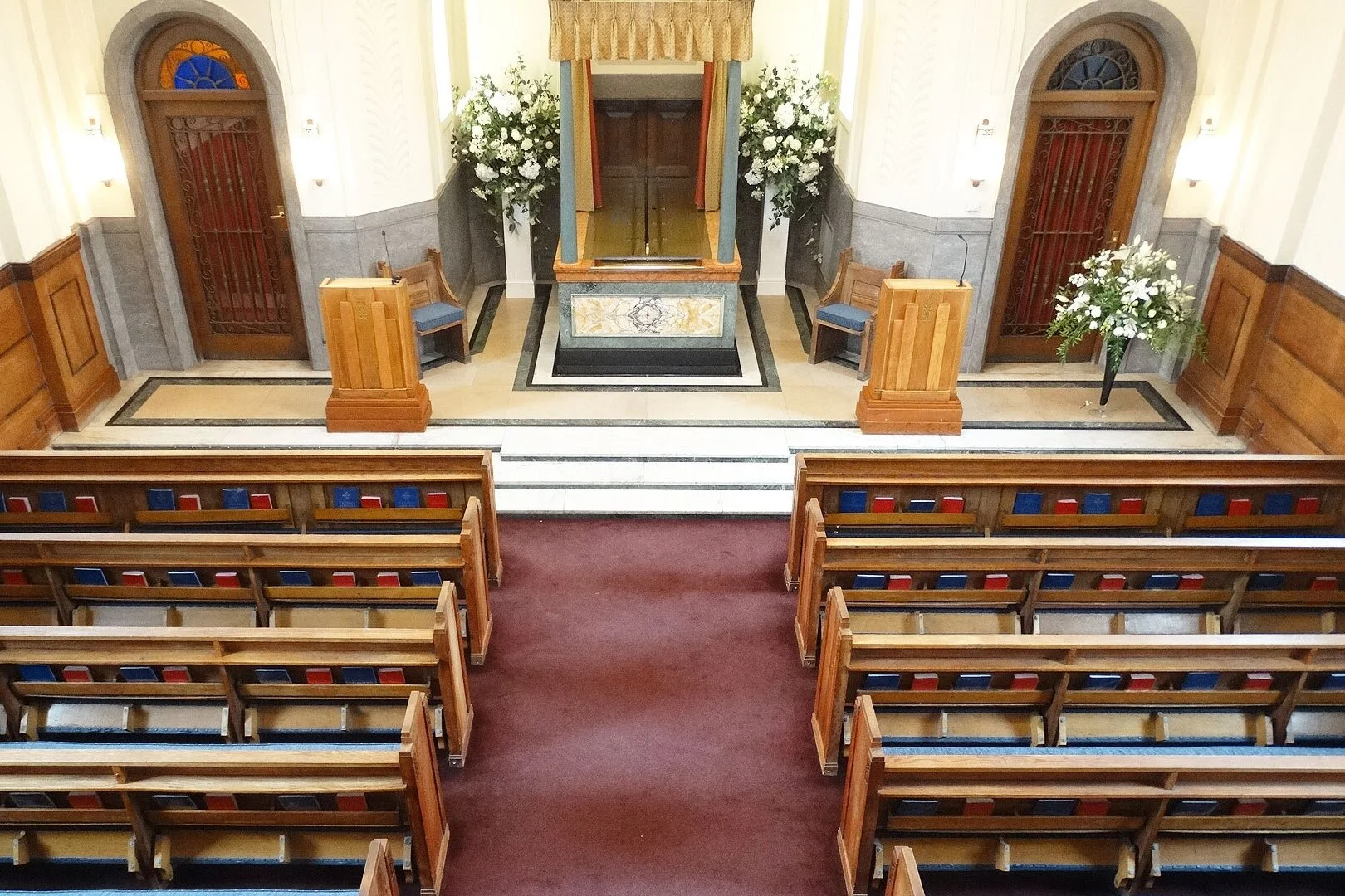 View from the upstairs gallery towards the coffin platform at Mortlake Crematorium