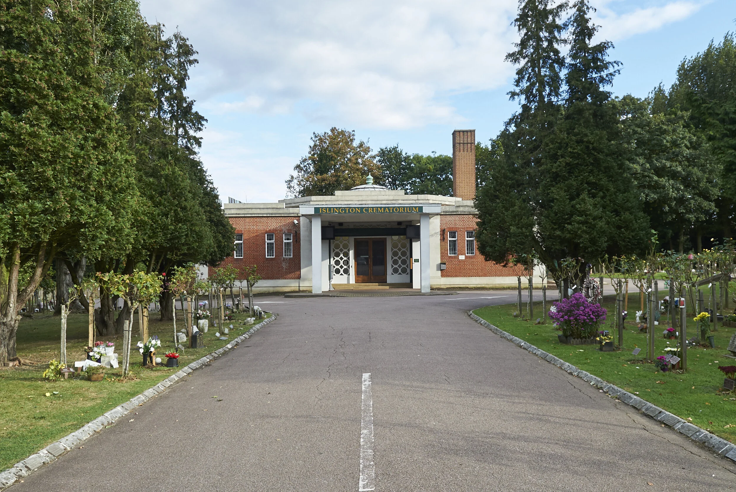 Front entrance and landscaped approach to Islington Crematorium