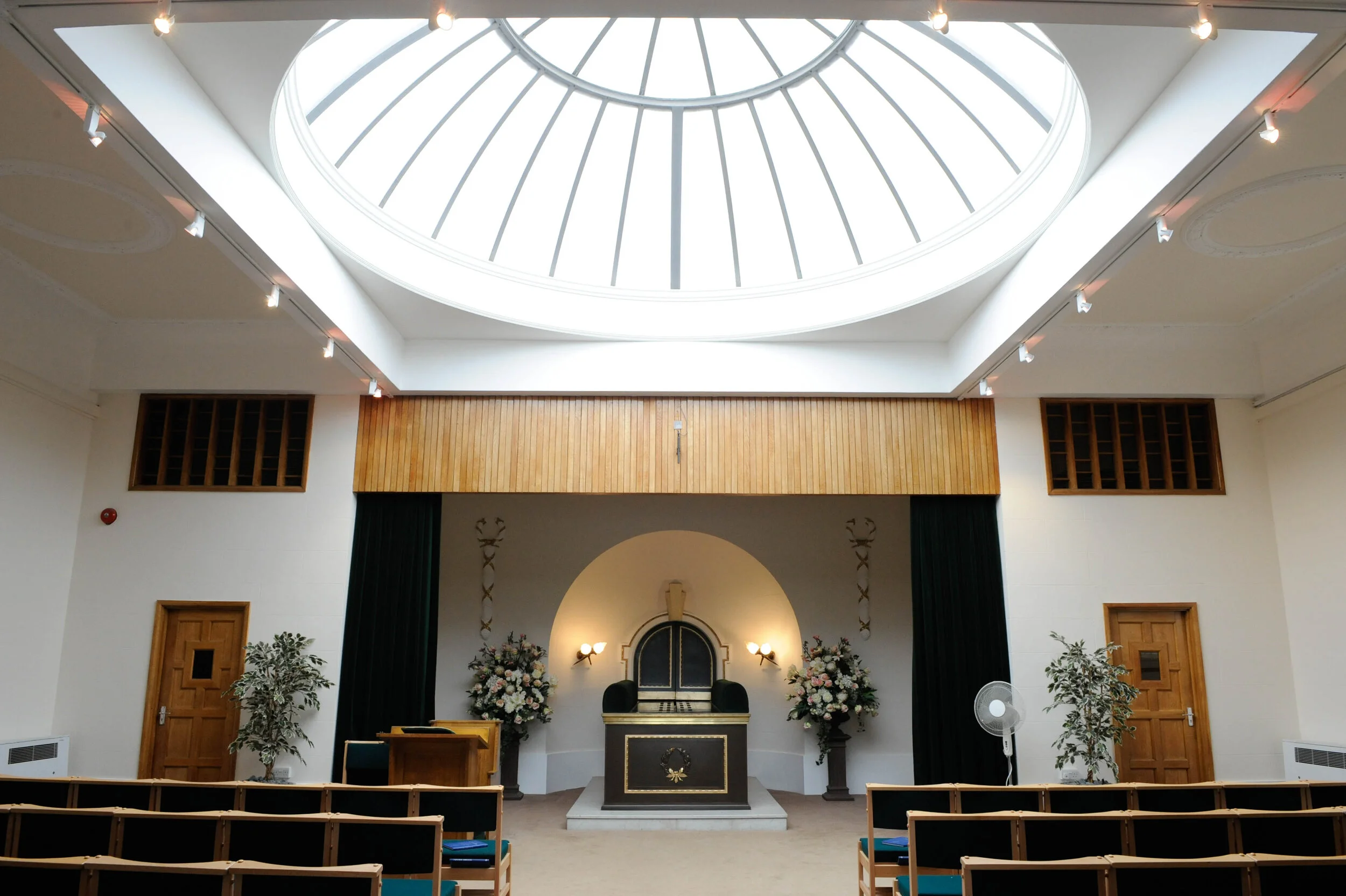The distinctive glazed dome and chapel interior at Islington Crematorium