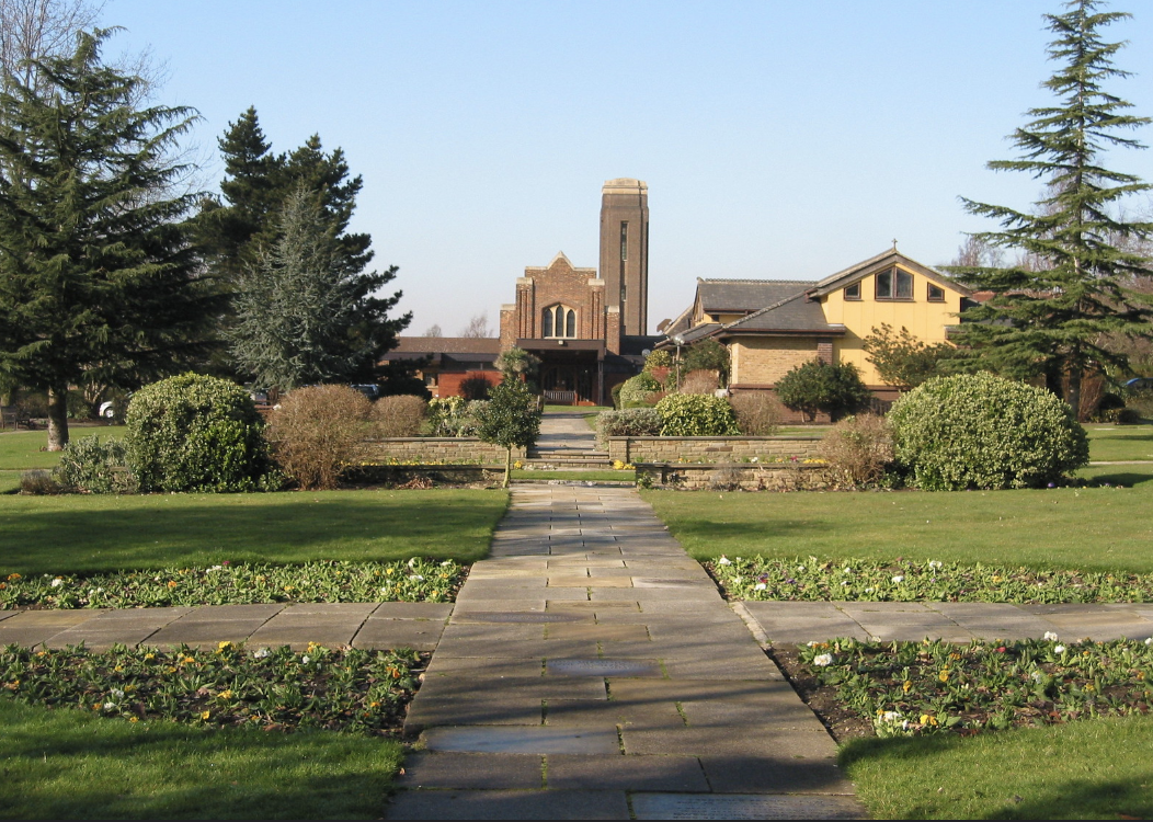 Croydon Crematorium seen from the landscaped grounds and central garden path