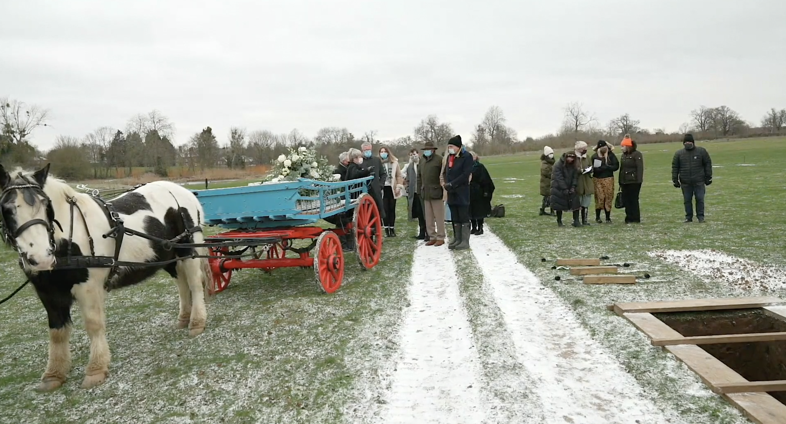 A piebald horse and bright blue cart in the snow at Michelle's funeral at Clandon Wood