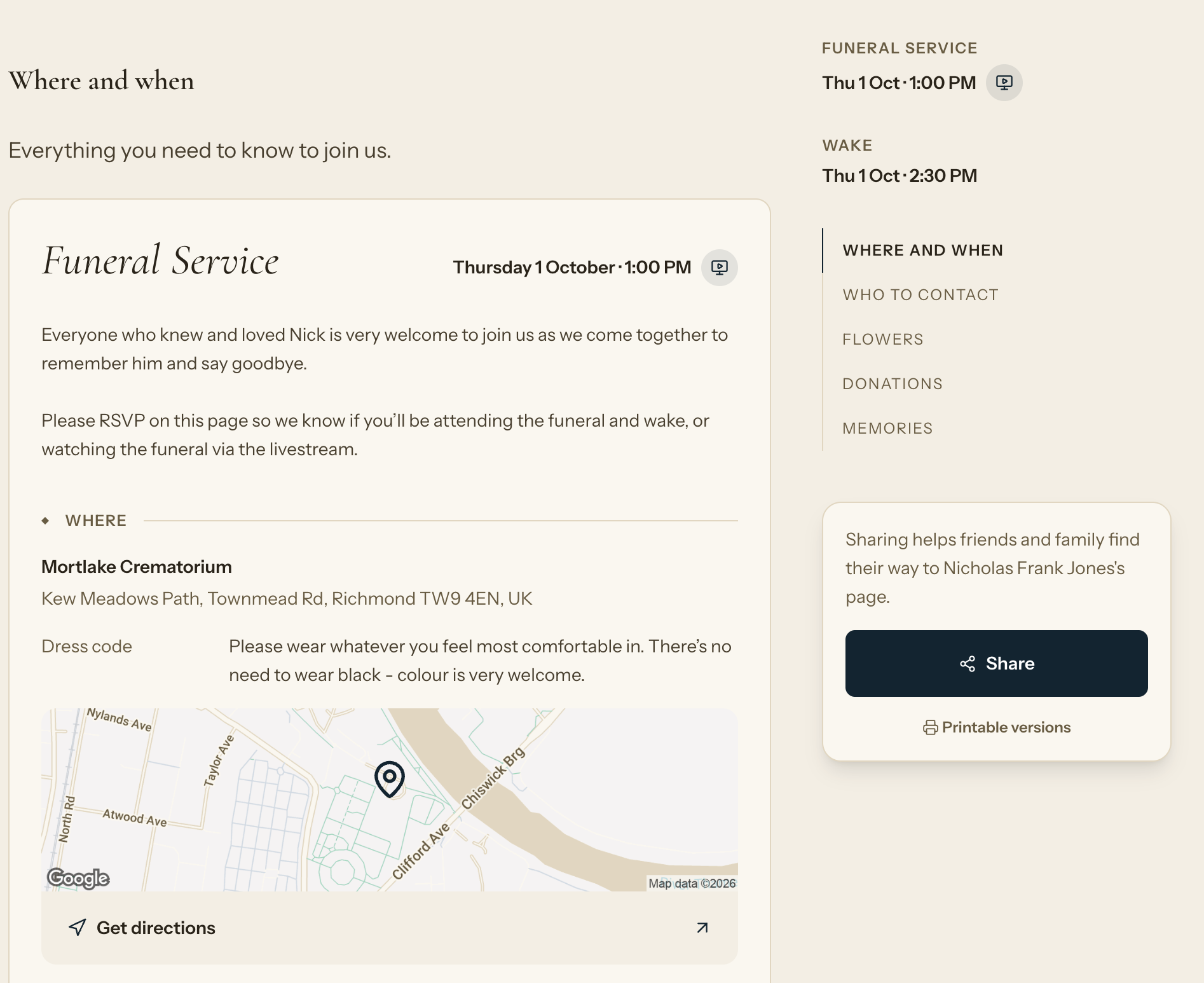Online funeral page