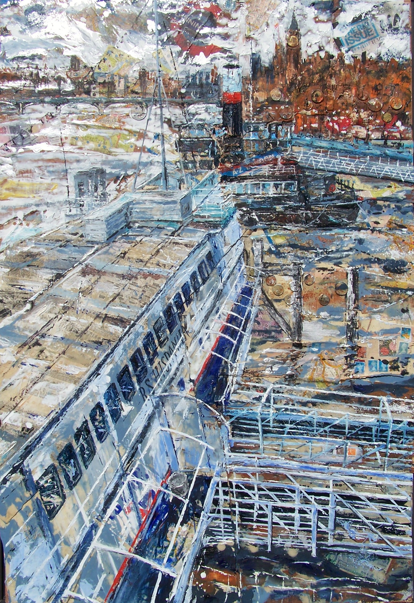 R.S Hispaniola, Thames, Oil paint and collage on wood