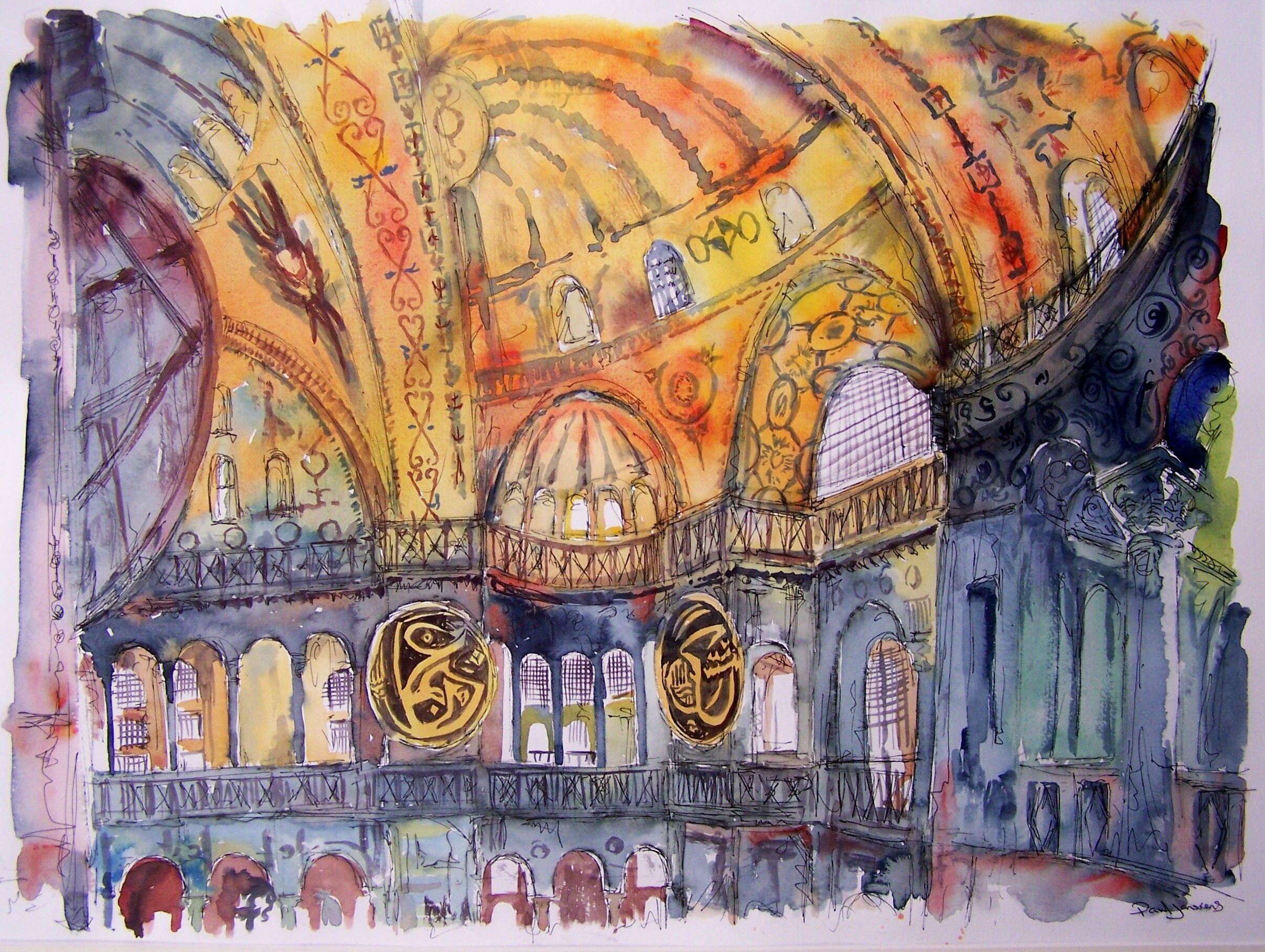 Haghia Sophia, Istanbul, watercolour and pen, 45x60cm