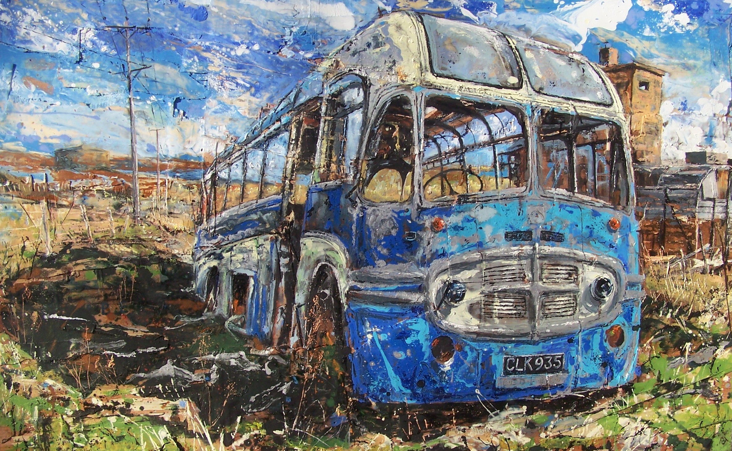 Hoy Bus, Orkney, Oil and collage on wood