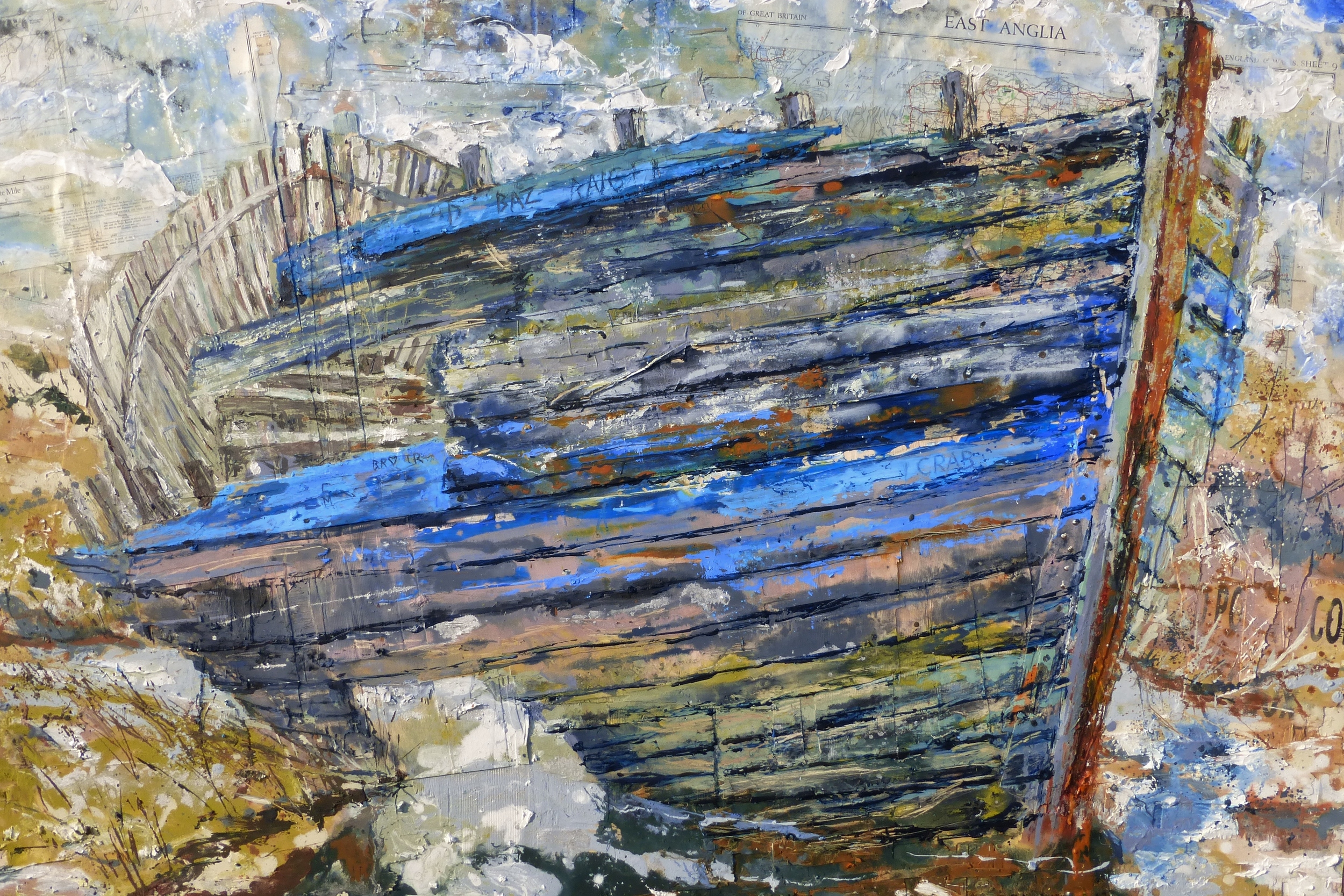 Abandoned Clinker Hull, Blakney, Norfolk, Acrylic, oil, collage on wood