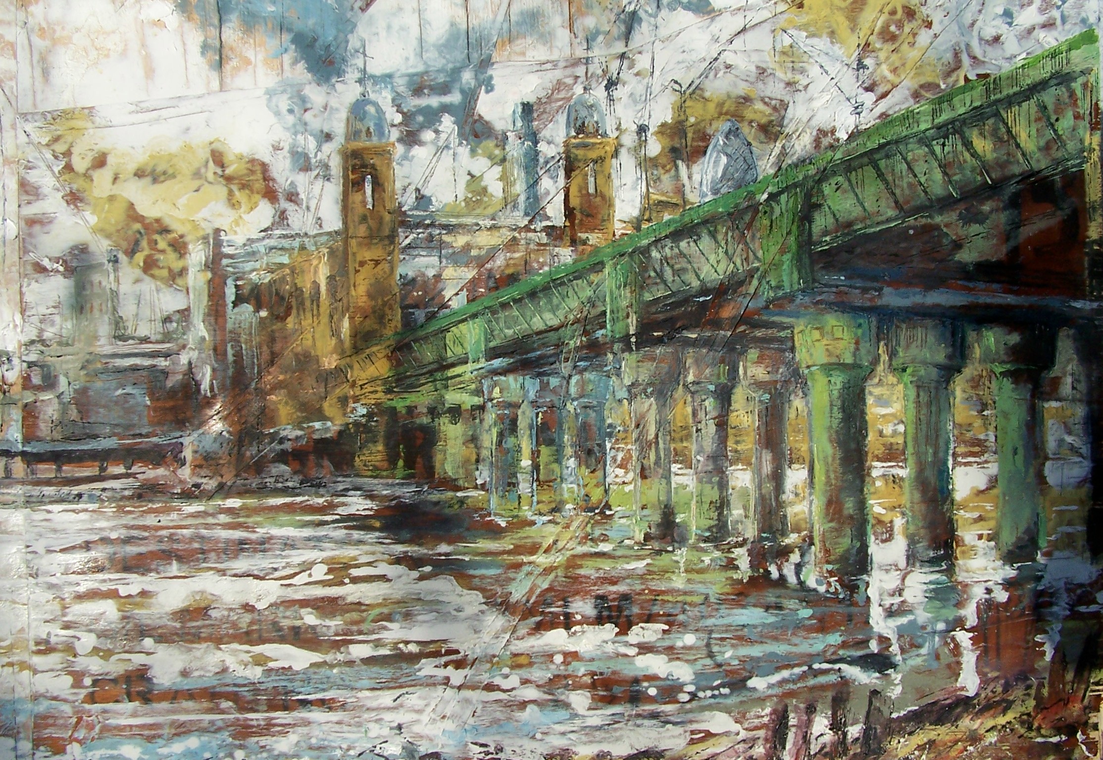 Canon St Bridge, Thames, London, Oil on wood