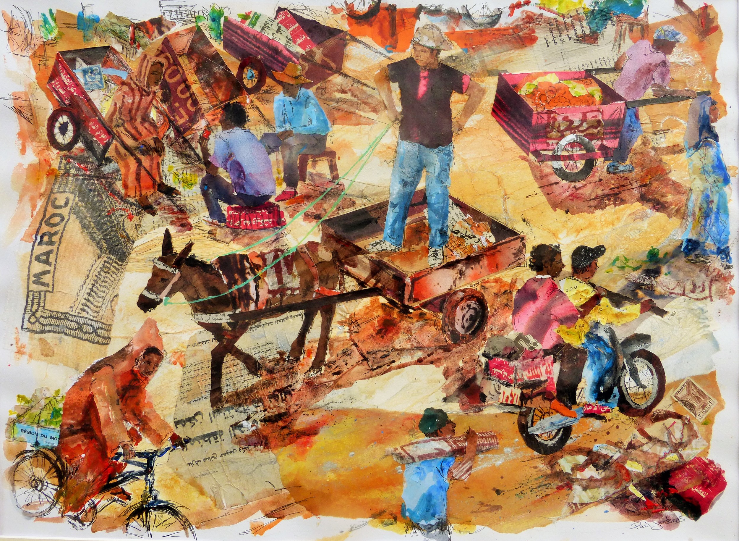 Place Jemaa el-Fna, Marrakech, Morocco. Acrylic, ink, collage and photo-silkscreen.