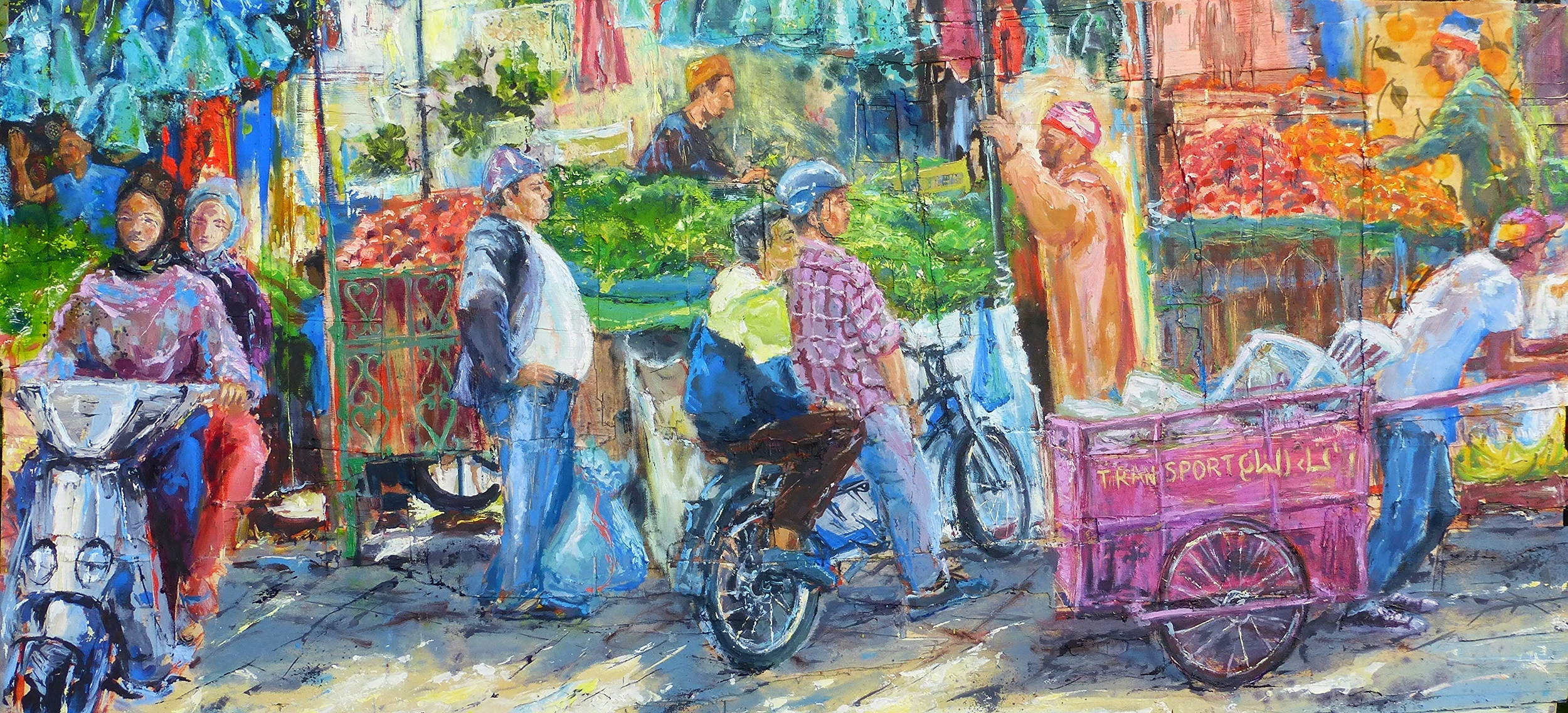 Marrakech Souk, Morocco, Oil and collage on wood