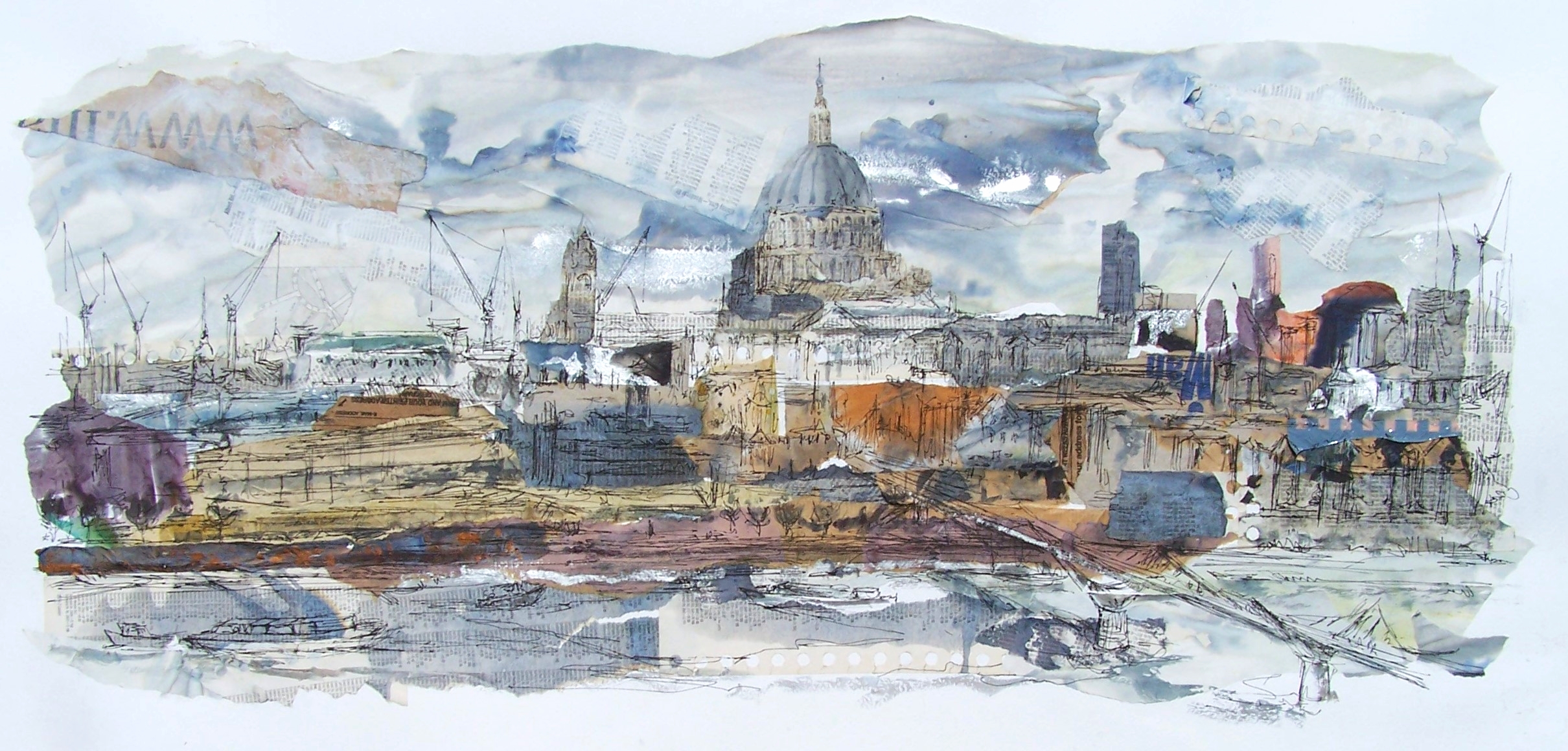 St Paul's, Thames, collage, ink and acrylic 