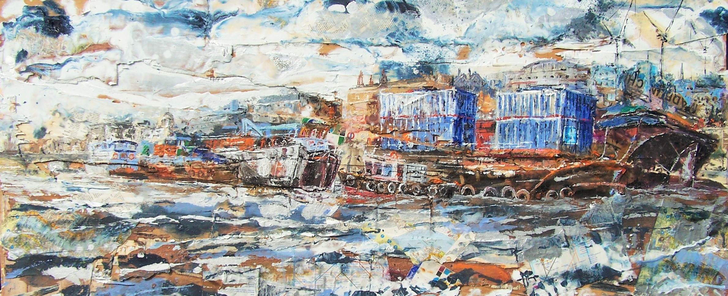 Thames Barges 2, Oil and collage on wood.