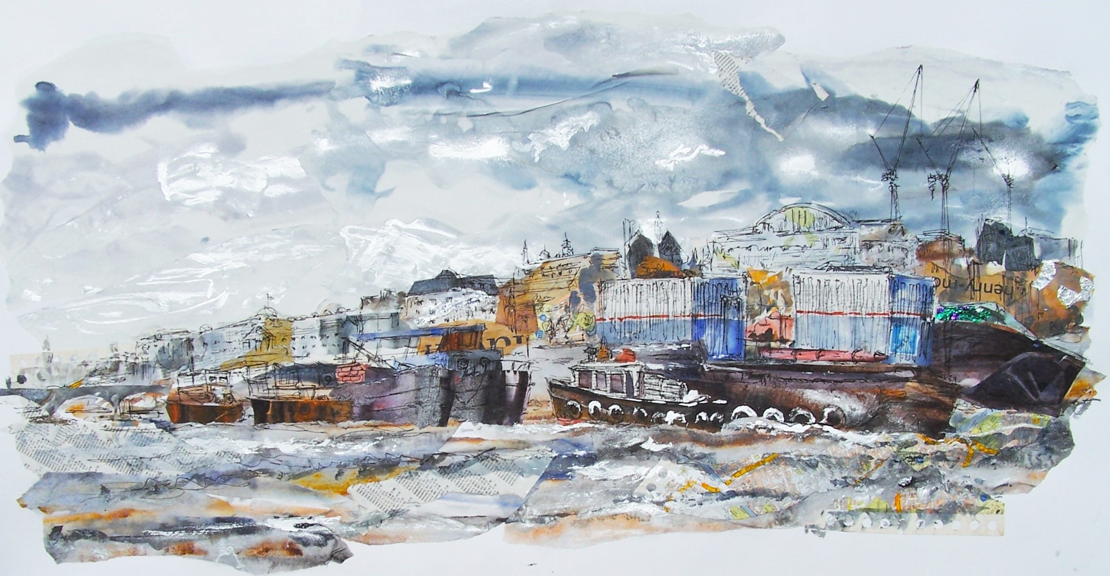Thames Barges 1, Collage, ink and acrylic