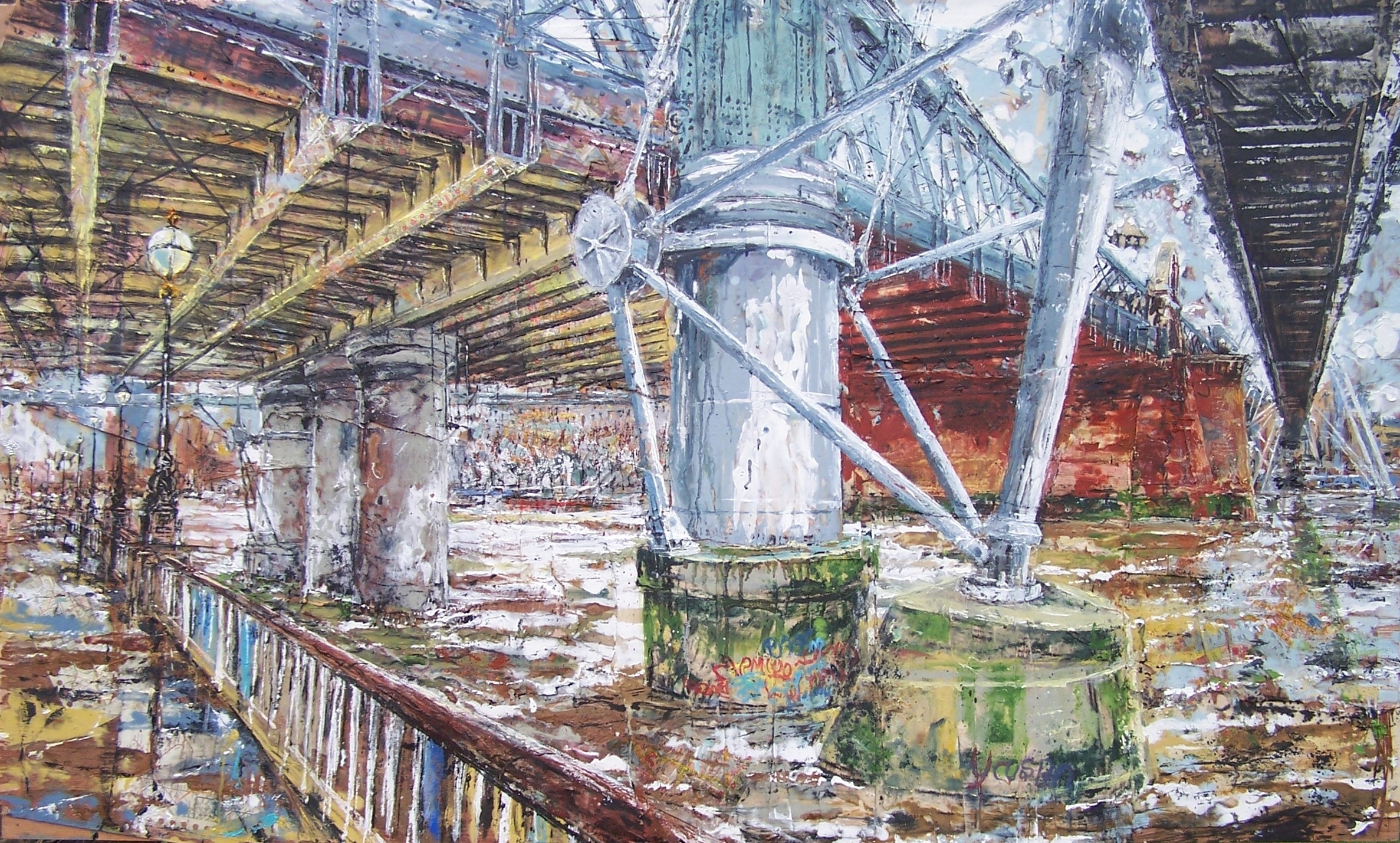Hungerford Bridge, Thames, Oil paint and collage on wood