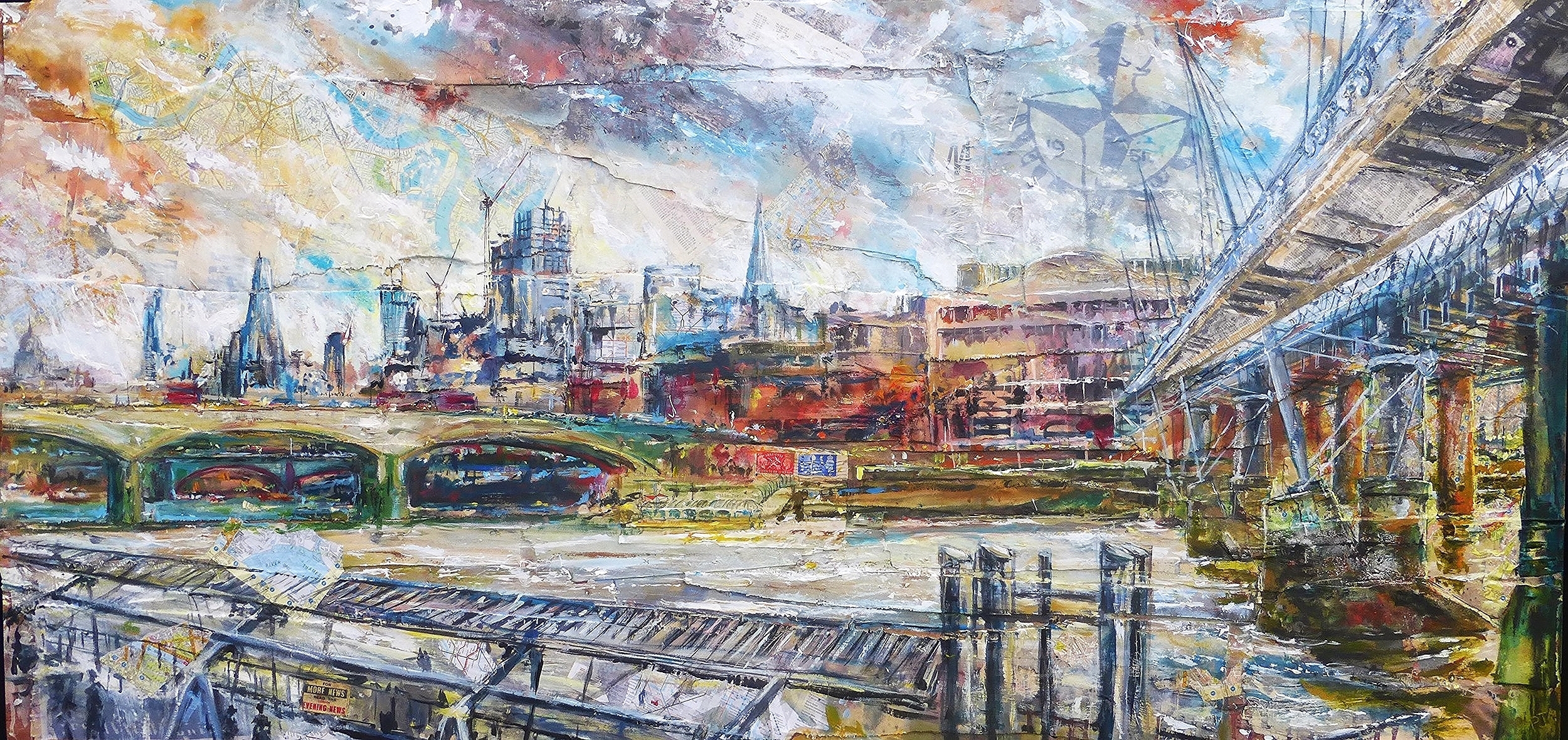 The South Bank and The Royal Festival Hall, Thames, London. Acrylic, photo-silkscreen and collage on wood.