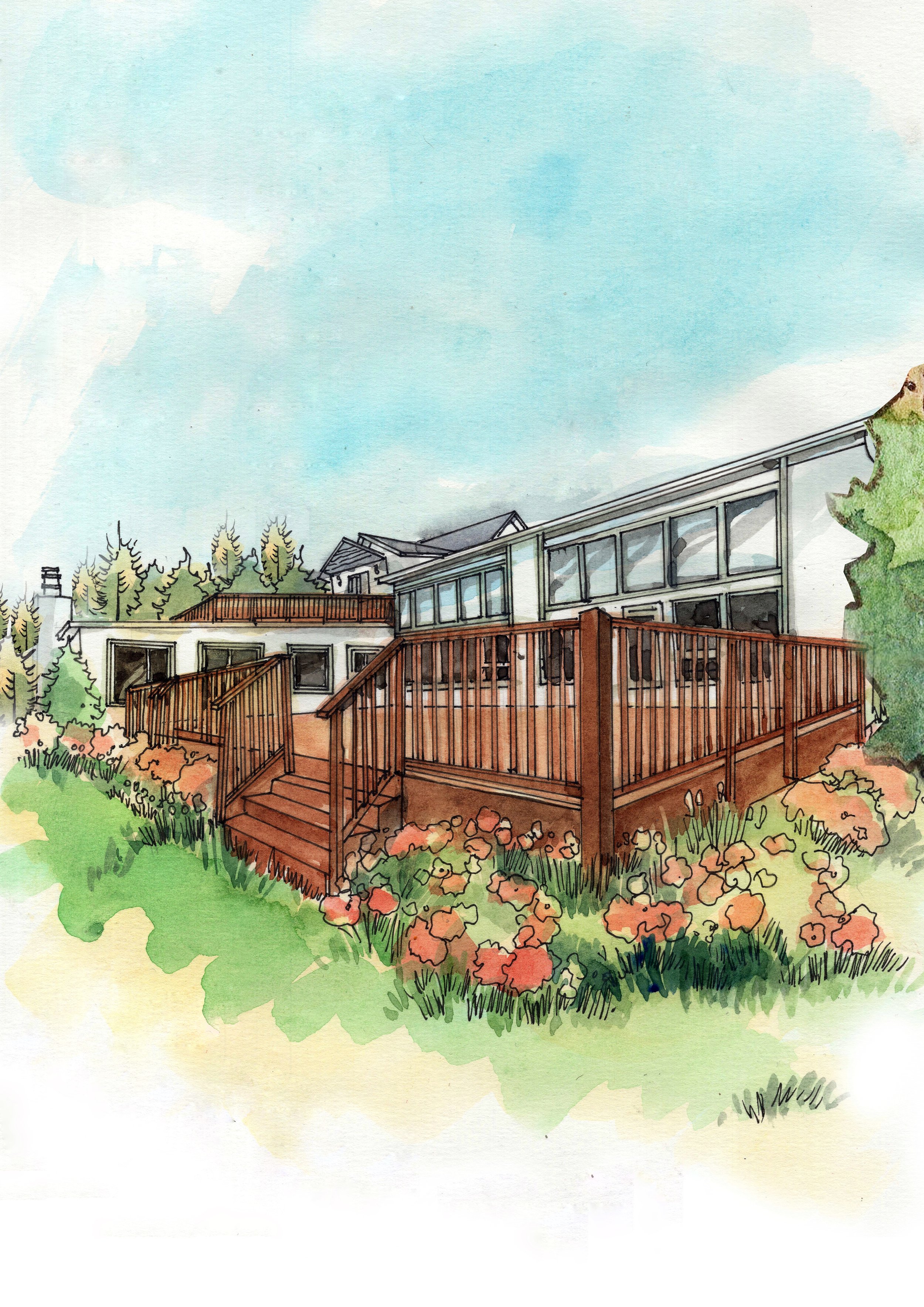 Watercolor illustration of an outdoor deck area at Hotel Lilien in the Catskills. — Field Theory.
