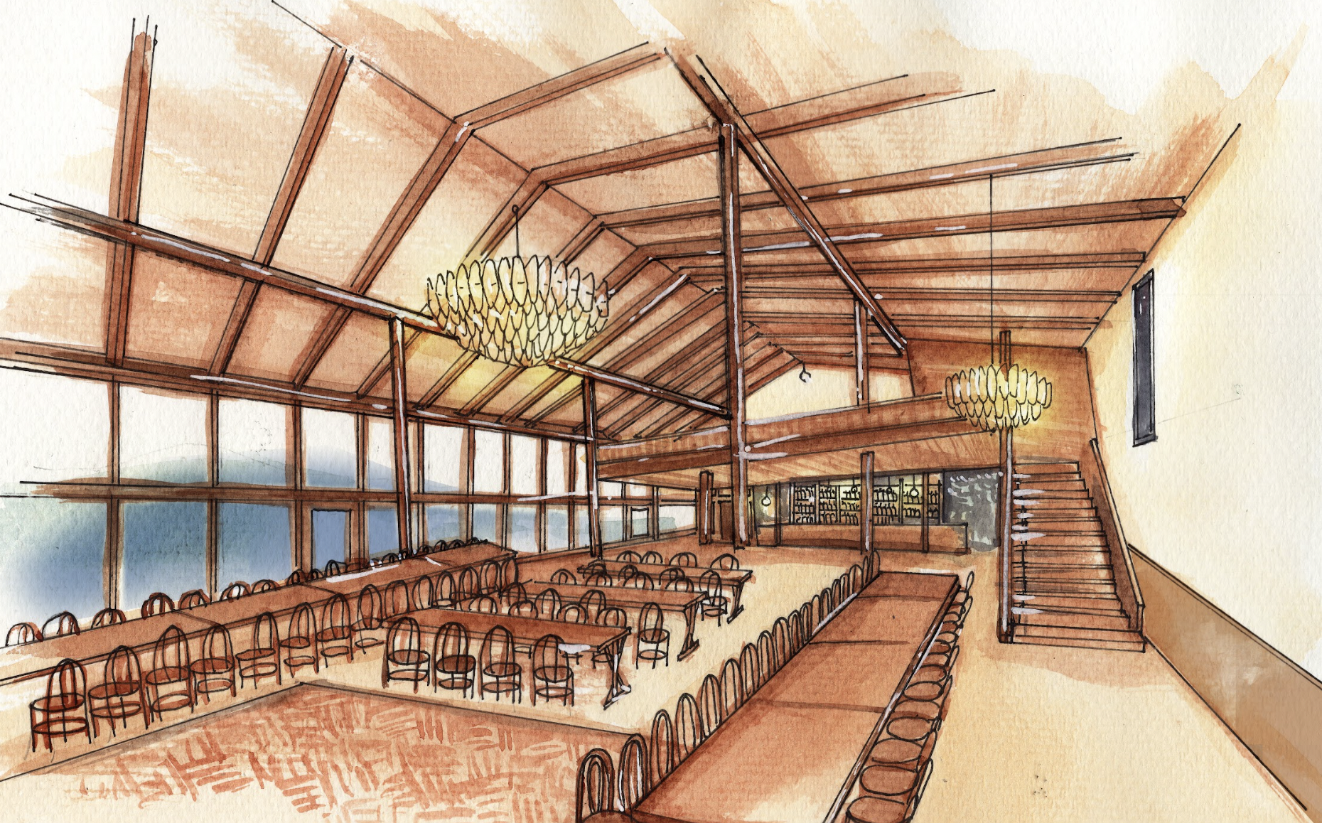 Watercolor illustration of a grand ballroom interior with chandeliers, ample seating, and warm, inviting hospitality design — Field Theory.