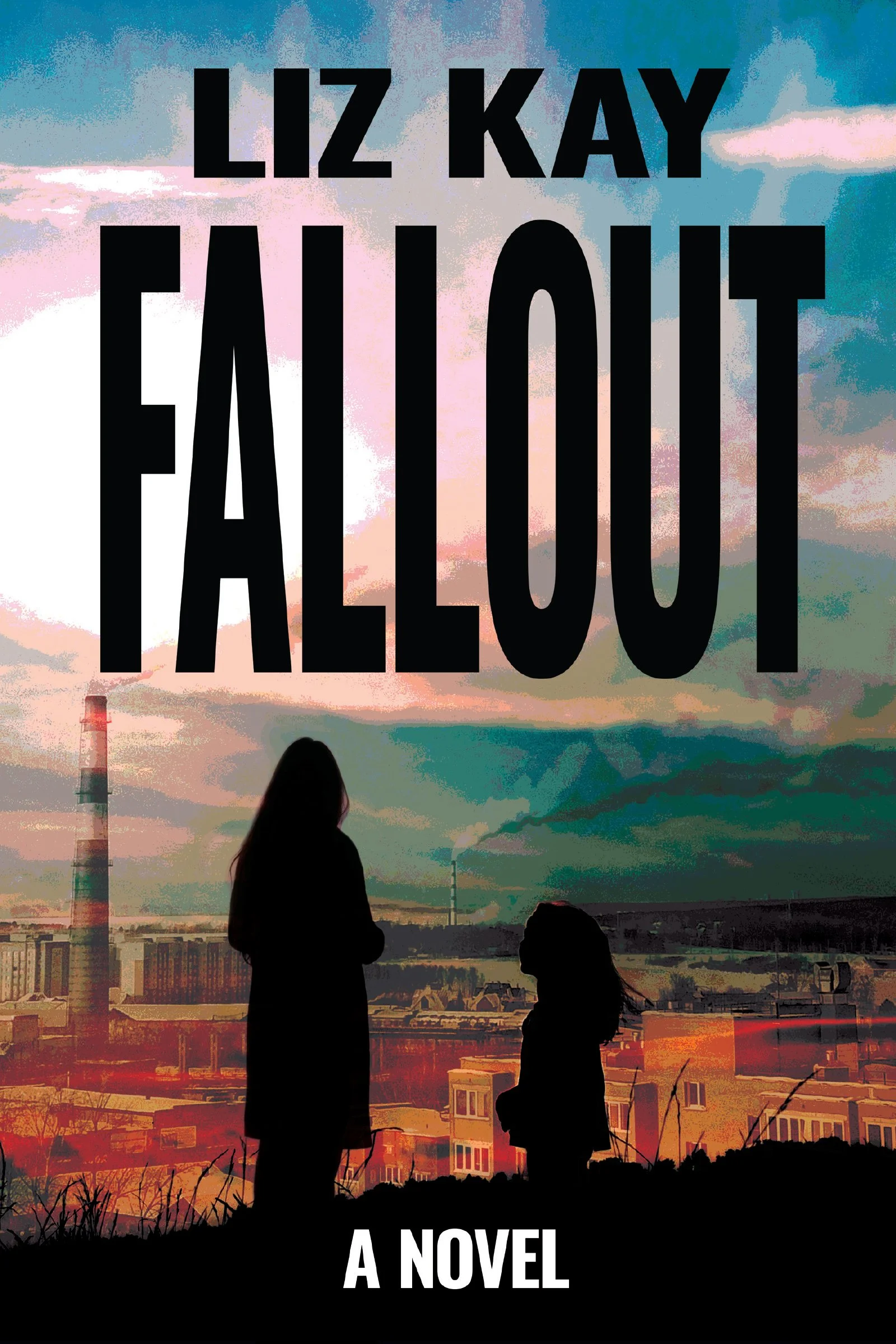Book cover featuring a landscape of buildings and smokestacks with the sillouettes of a woman and child in the foreground.