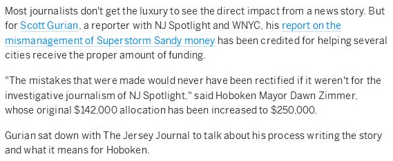 "NJ Spotlight Probe of Sandy Funding Leads to Hoboken Receiving Bigger Share," July 18, 2014 interview in The Jersey Journal (Jersey City, NJ)