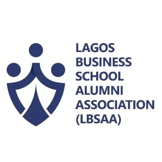 Logo of Lagos Business School Alumni Association (LBSAA) with abstract human figures in dark blue.