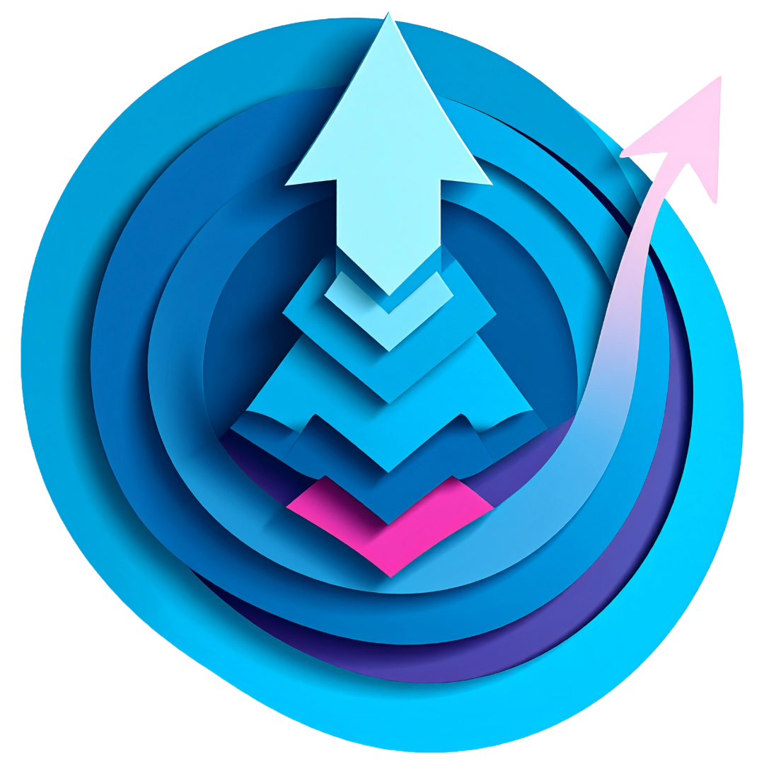 Layered blue arrows pointing upward with a pink arrow in the background, symbolizing growth or progress.