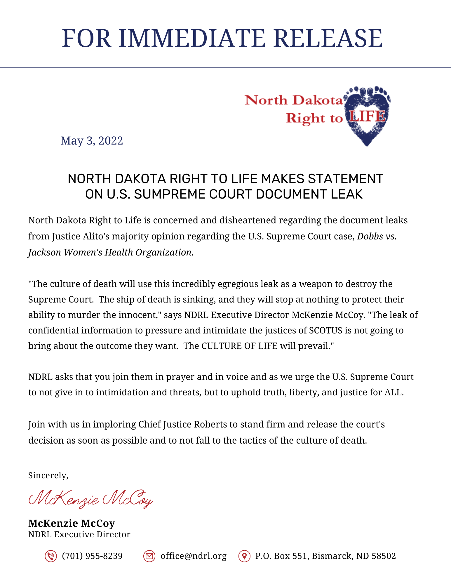 NDRL Statement on Supreme Court Leak