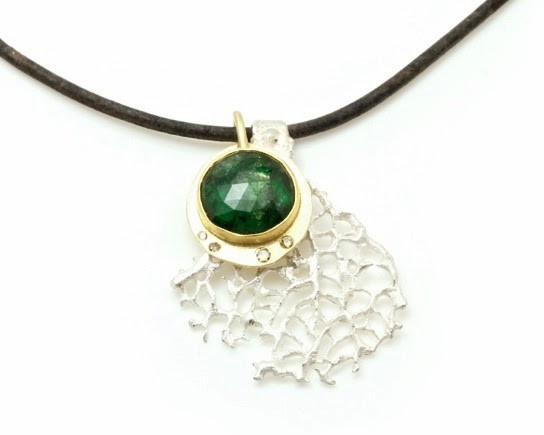 Sango Pendant, rose cut emerald, diamonds, silver cast coral, 18kyg, leather