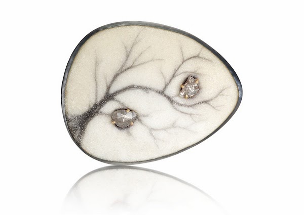  'Ma' Brooch: painted enamel, diamond slices, 18kyg, oxidized silver