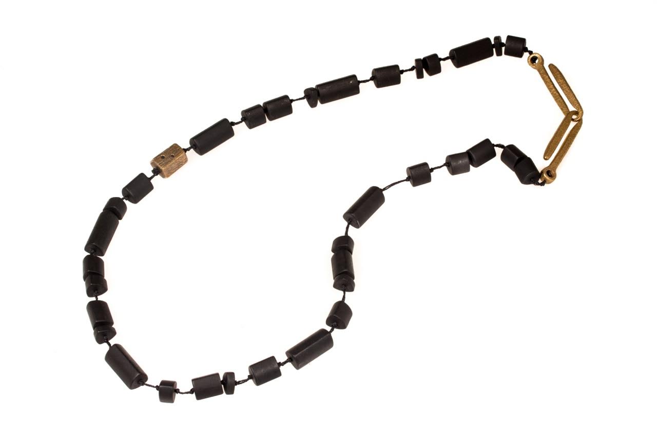April Higashi, Matte Black Onyx and Bronze with Black Diamond Bead Necklace, 2015, black onyx, bronze, black diamonds, 19”, photo: Shibumi Gallery