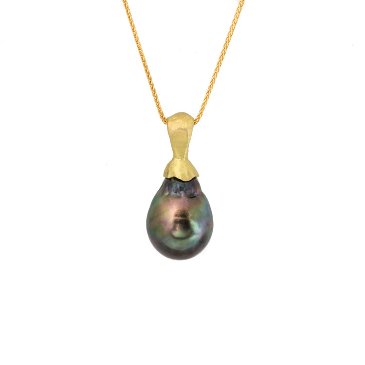 Baroque Pearl Pendant on Hematite Bead Chain with 18k Yellow Gold