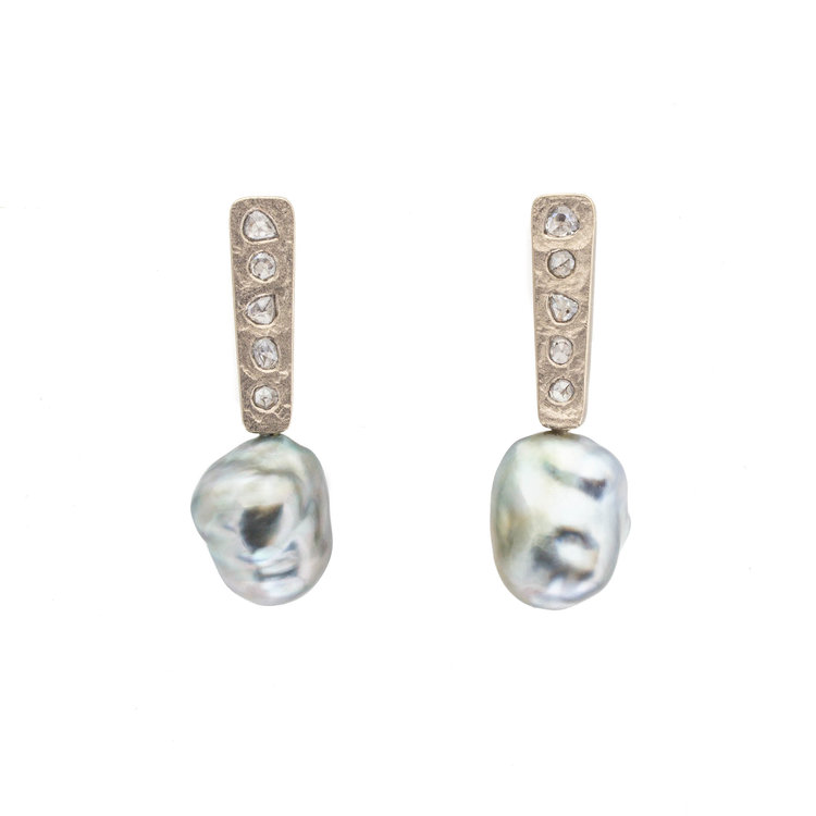 Silver Keshi Pearl Post Dangle Earrings with Salt And Pepper Diamonds in 18k Palladium White Gold 