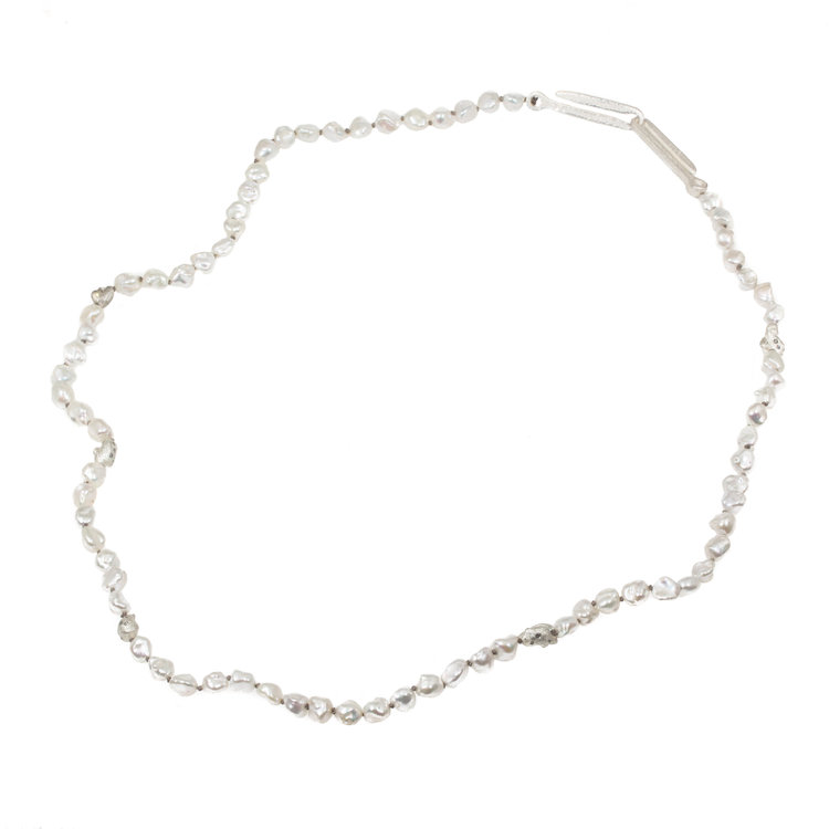Keshi Pearl Necklace with Gray Diamonds set in Organic Silver Beads