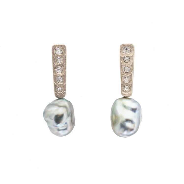 Large Keshi Pearl Post Dangle Earrings with Salt And Pepper Diamonds in 18k Palladium White Gold 