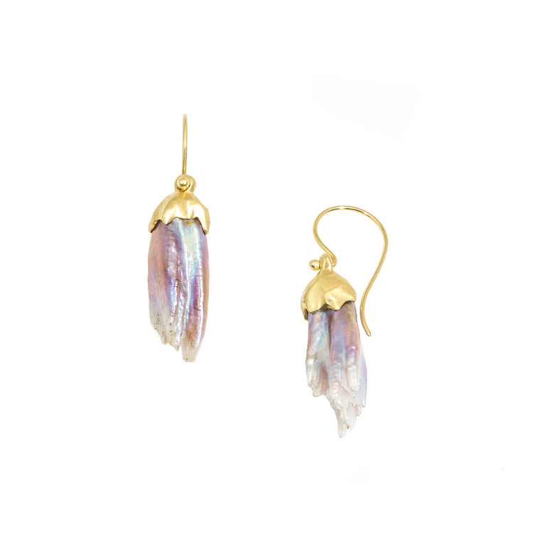 Feather Pearl Dangle Earrings in 18K Yellow Gold