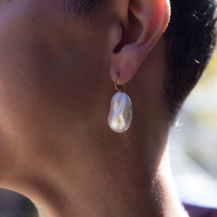 Large White Baroque Pearl Earrings on 18k Gold Earwire