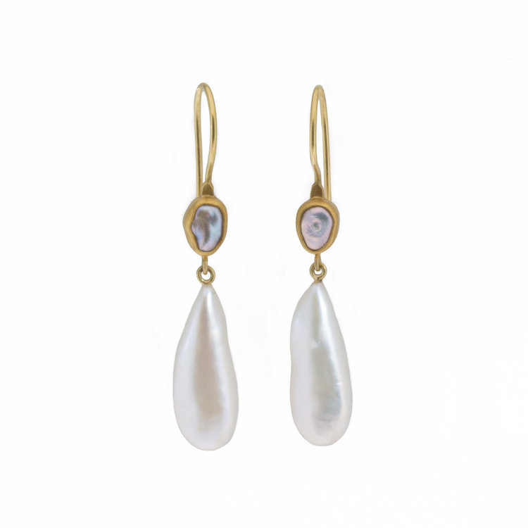 Double Pearl Drop Earrings in 22k and 18k Yellow Gold