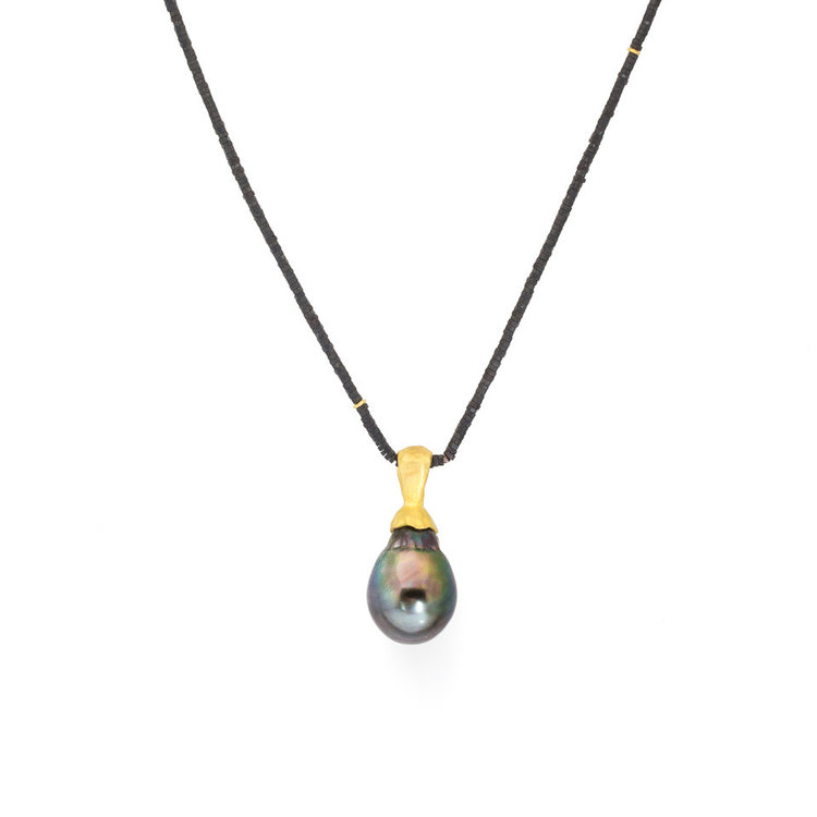 Baroque Pearl Pendant on Hematite Bead Chain with 18k Yellow Gold