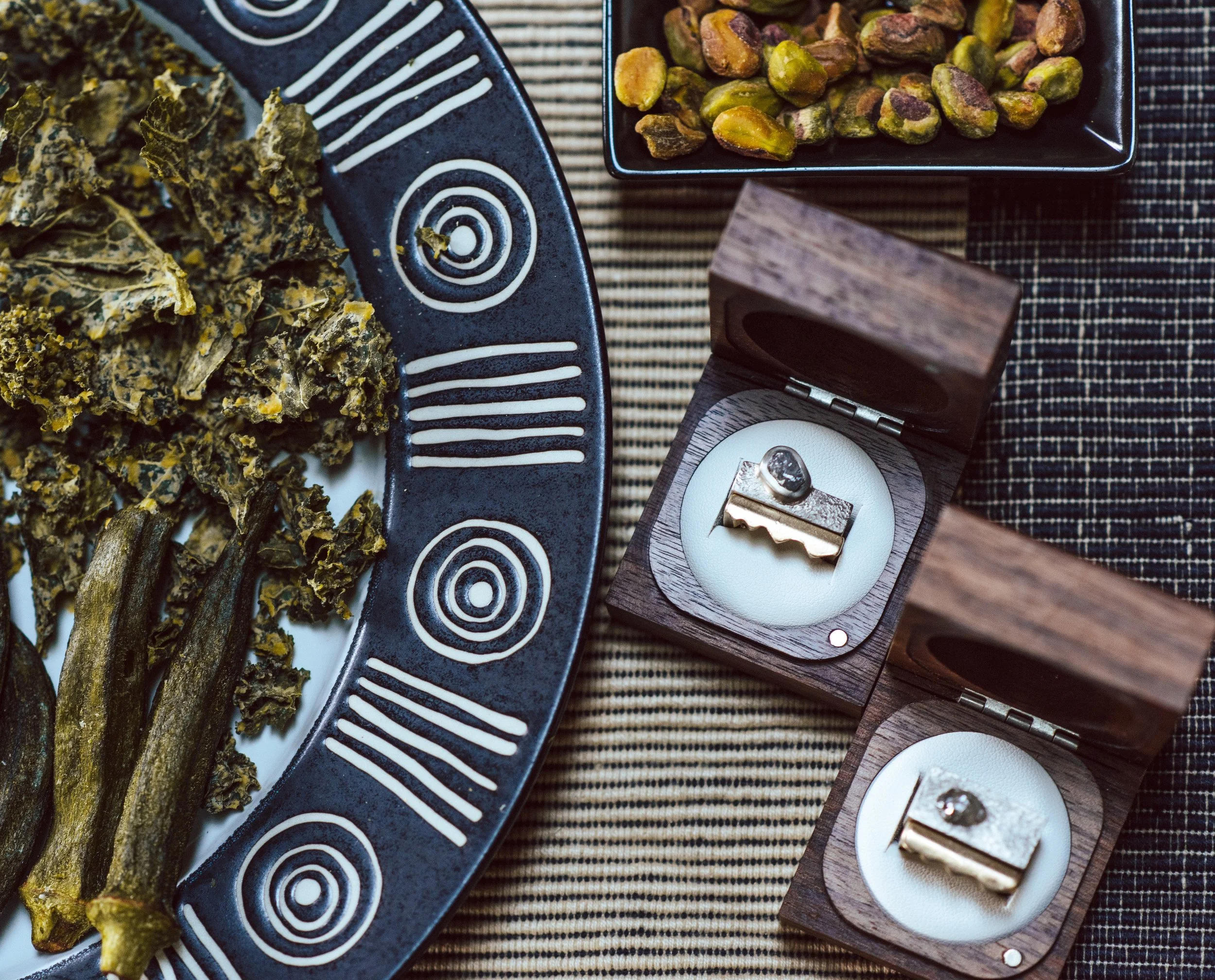 Forestland Moss photo: 25th Anniversary Rings with natural diamond crystals in 18k palladium white gold alongside original wedding rings in 14k yellow gold.