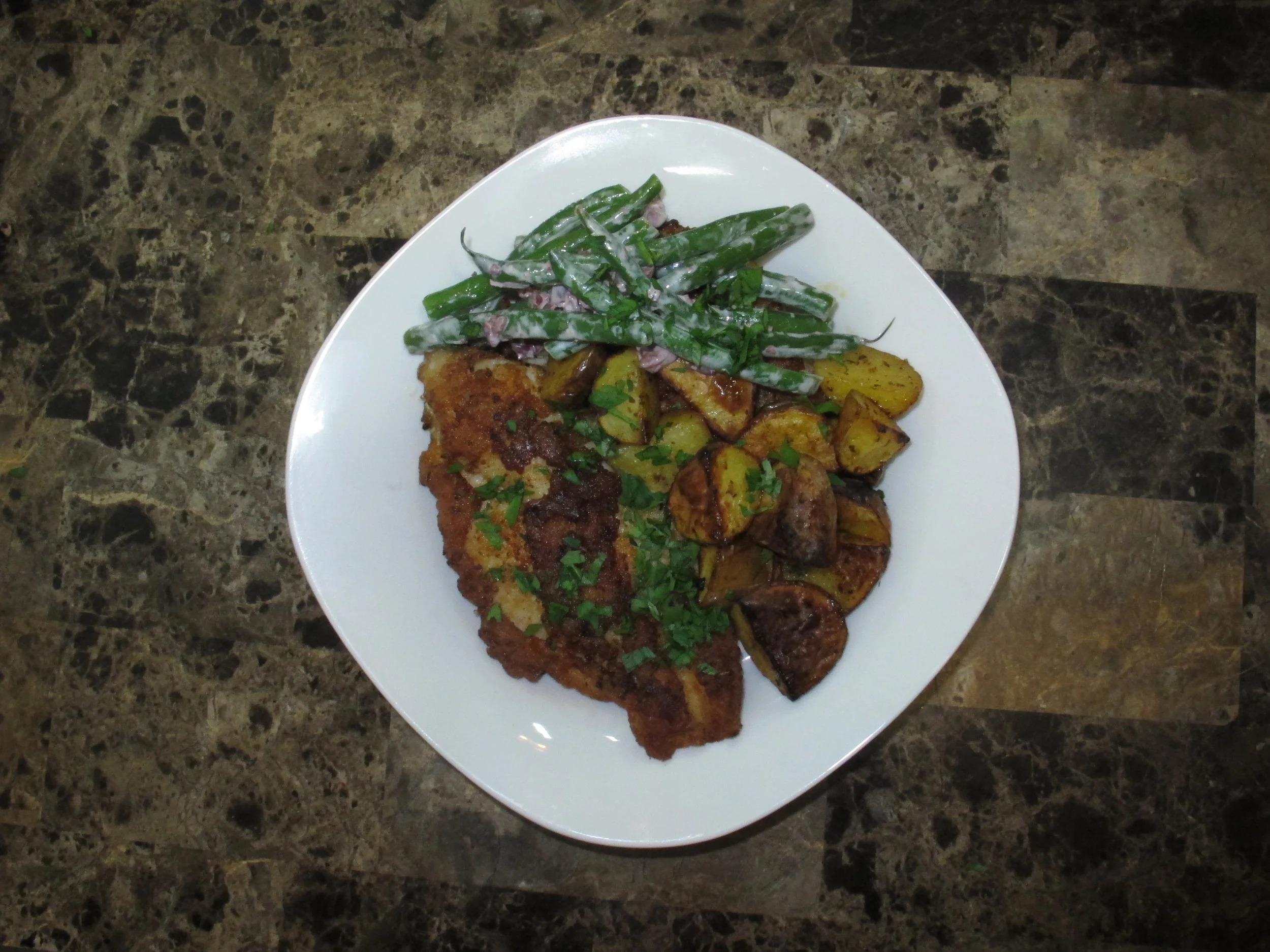 Finished Dish - Crispy Catfish & Roasted Potatoes with Summer Bean Salad & Garlic-Lemon Aioli
