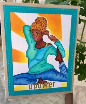 #power card made on Fun Stampers Journey Oatmeal, die cut made on Fun Stampers Journey cardstock in Pool Play, Colored with Copics on Neenah Solar White, Power cut out with Cricut on Minc foil.