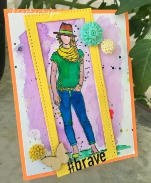#brave, Made on Ranger heavyweight watercolor paper colored with Colorburst watercolors. Die cut in sour lemon, and orange crush cardstock from Fun Stampers Journey. Fun Stampers Rectangular stitched dies for the frame, and embellishments from Basic Grey's Grand Bazaar. 