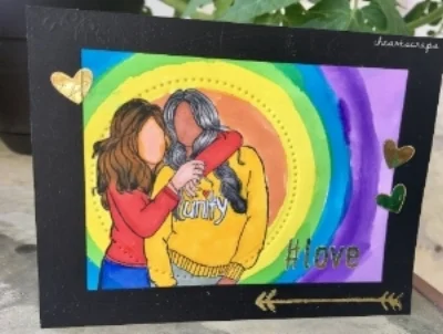 # love , Unity Gals, by Unity Stamp Company, Watercolor background on Neenah Solar white, image colored with Copics, Die cut with Fun Stampers Journey Nesting circles and hearts and sentiment foiled in gold on Minc paper.