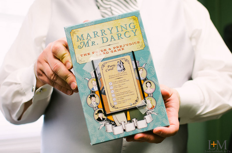 Attendant gifts: " Marrying Mr. Darcy " with a custom card for our wedding from their "Emma" Kickstarter expansion.