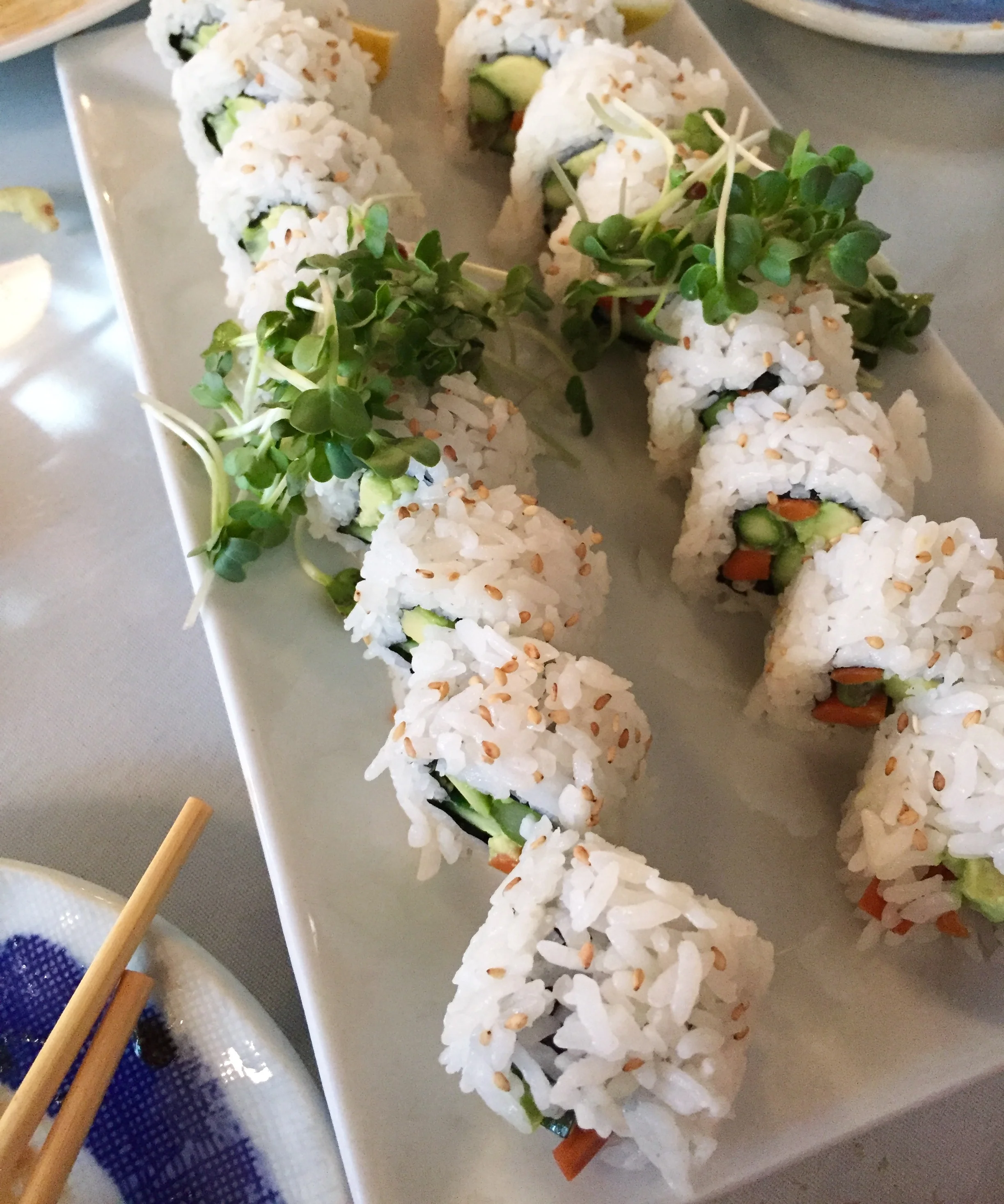Dinner Veggie Rolls at our favorite sushi place. We always get avocado roll, veggie rolls, tempura veggie rolls, and vegetarian miso soup.