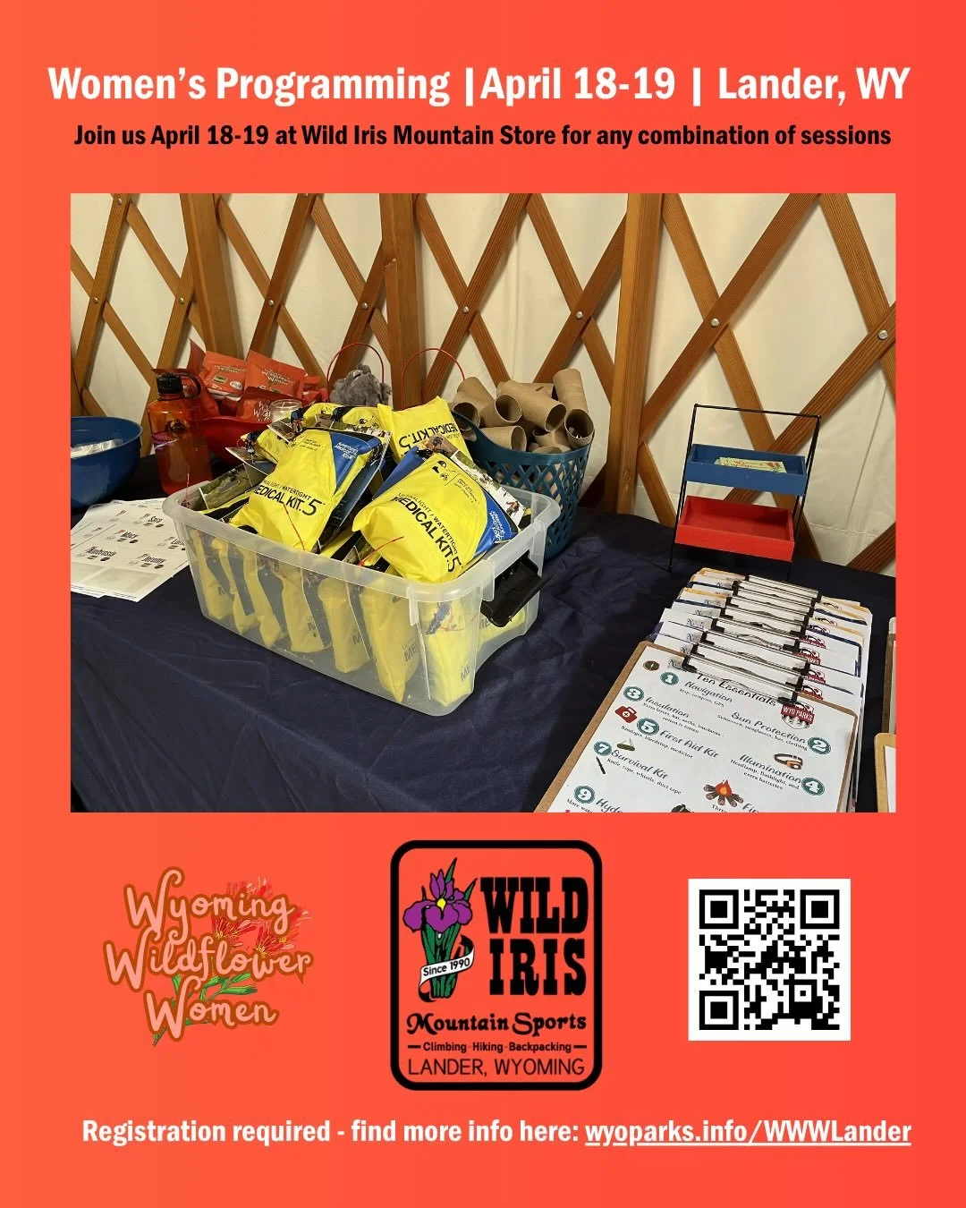 Exciting news! Educational clinics for women here at Wild Iris! Saturday 4/18 and Sunday 4/19 in partnership with @wyo.state.parks

🪨 Indoor Bouldering at @elemental_performancefitness 
🧻 Poop, Pee, Periods
⛺️ Gear Checks
🦶 Foot Care Clinic with M