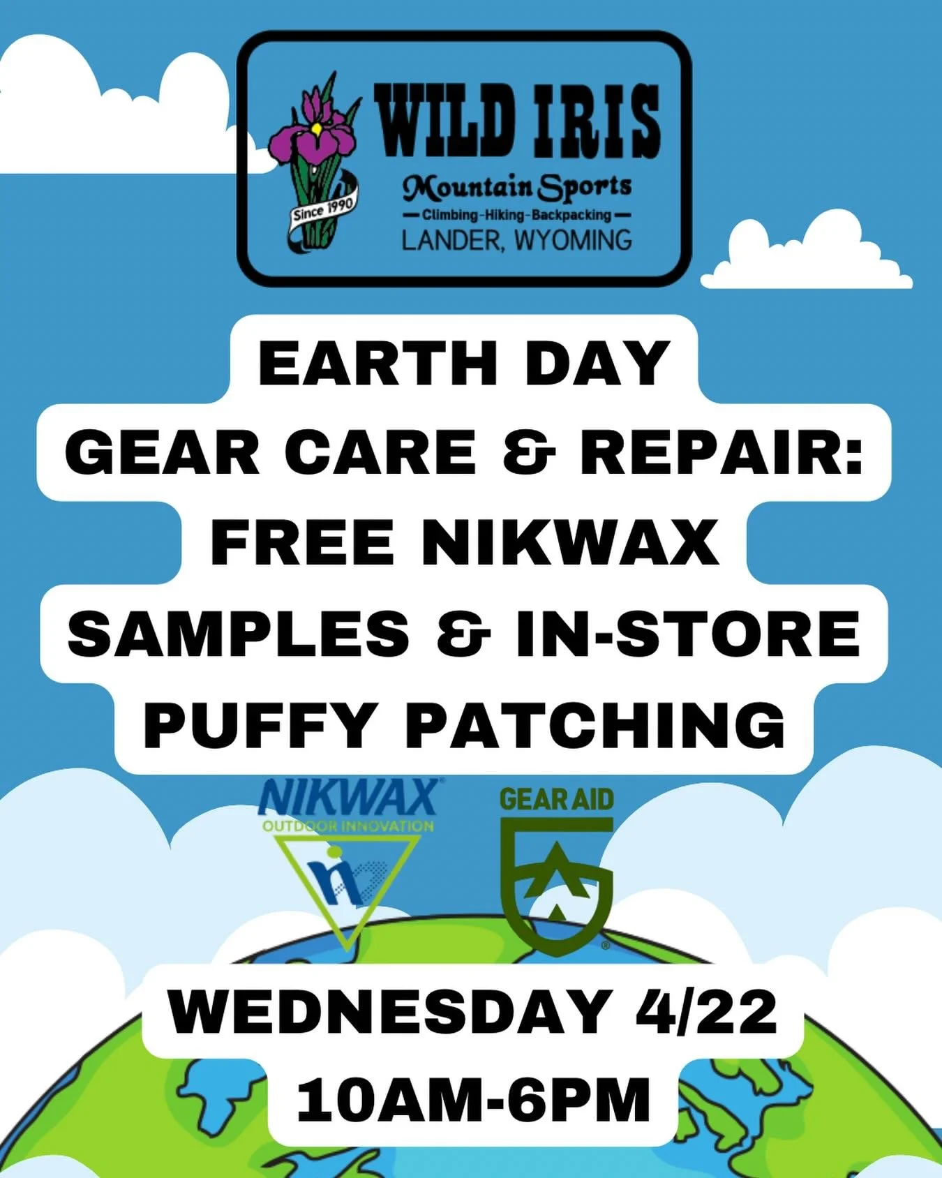 Next Wednesday 4/22 for Earth Day we&rsquo;ll be doing our part to keep your gear alive longer! In-store only come get your free @nikwaxna sample, @gearaid patching done for you*, and listen to Joan yap about cleaning and caring for your gear 🌍🧼

W