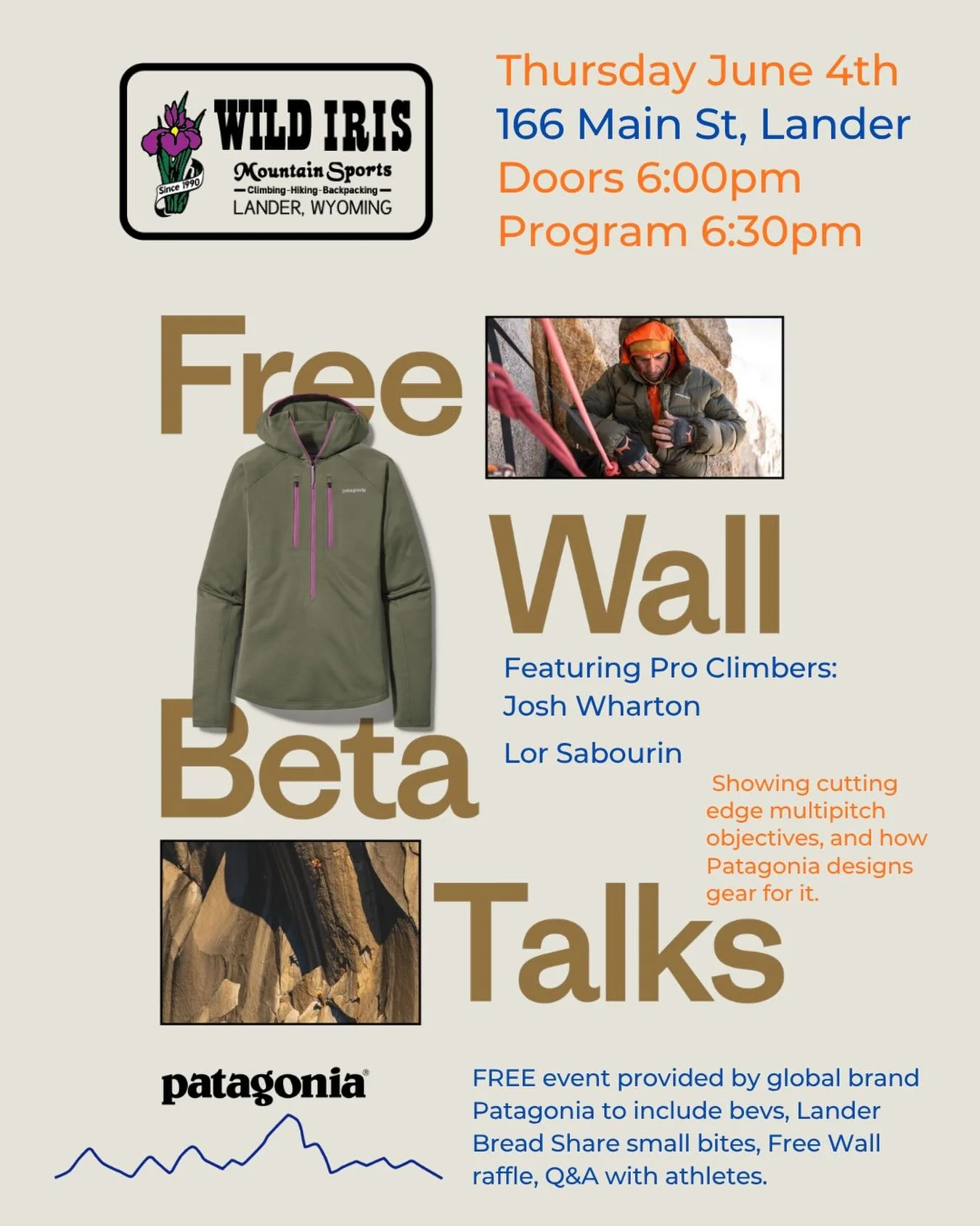 🚨 Save The Date!🚨

Join us Thursday, June 4 for an amazing evening with @patagonia ambassadors @lor_sabourin and Josh Wharton! Hear how they approach multipitch climbing and how it helped shaped the new Free Wall Kit. Josh brings a lifetime of alpi