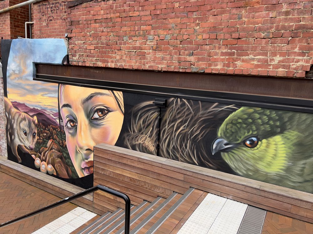 Close up view of the smaller of two murals by Jamin for UTAS, nipaluna/Hobart.