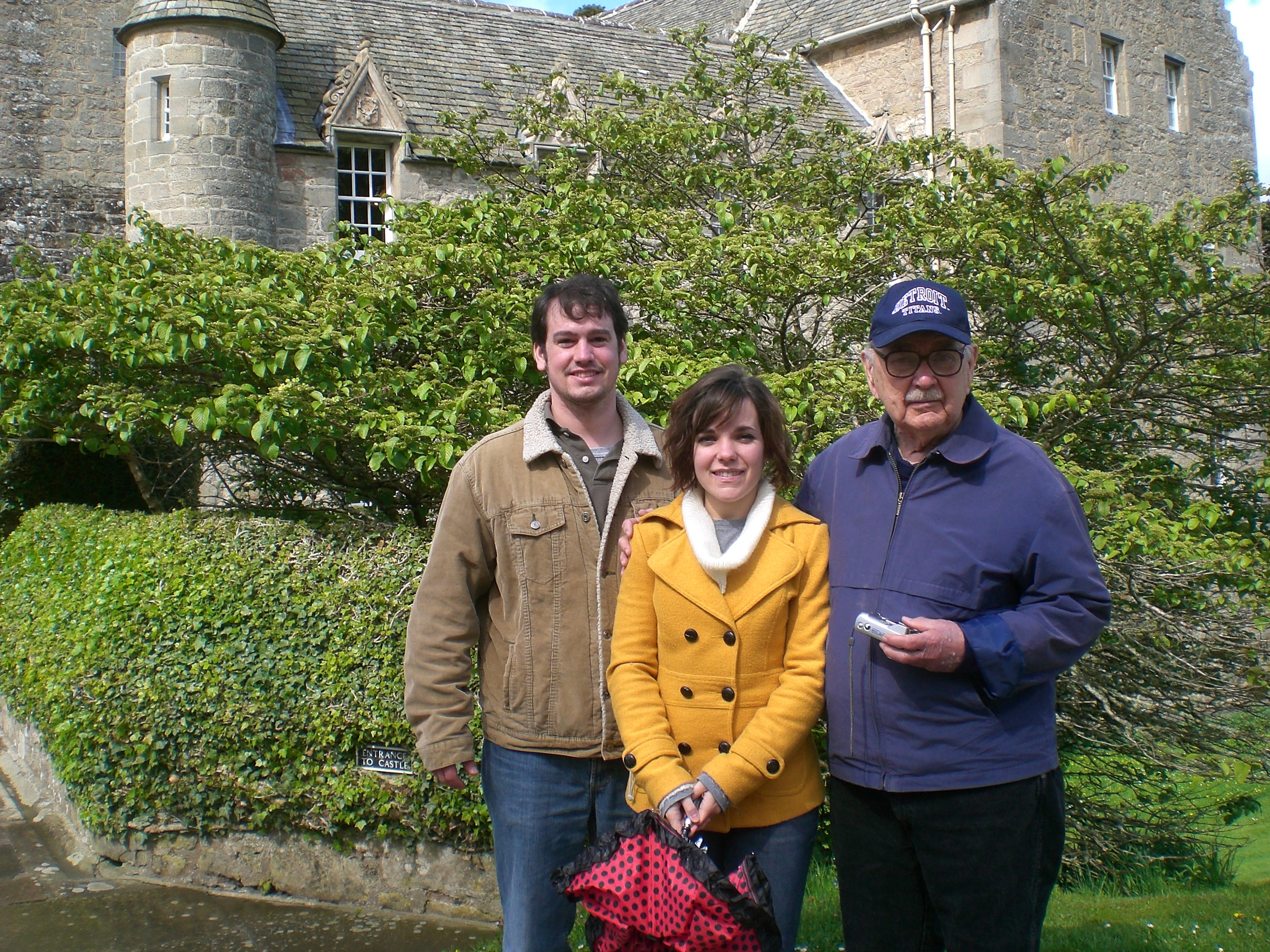 The Author w granddaughter Margaret and her husand Tim at MacBeth Castle in Scotland.JPG