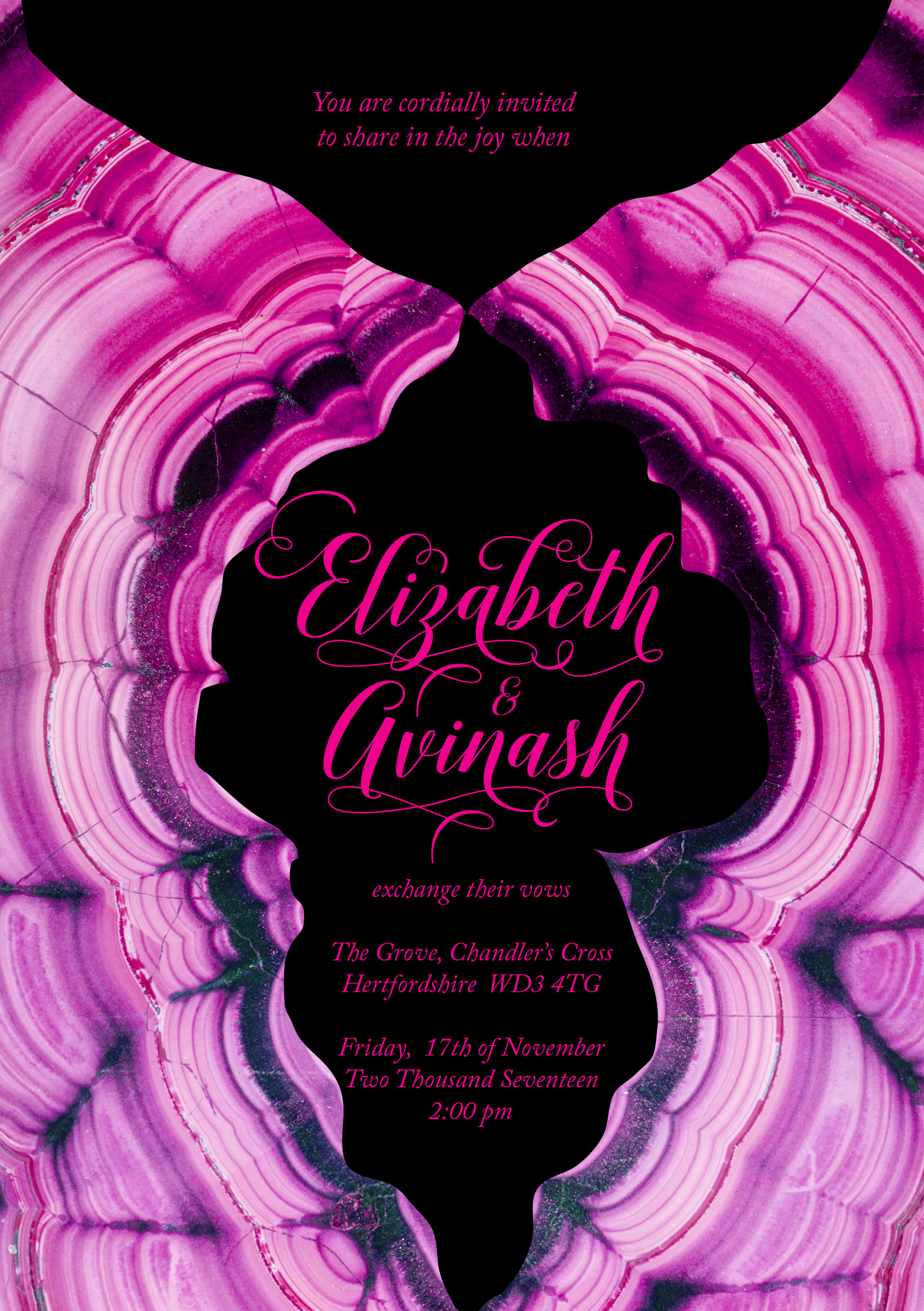 Pink and black geodes wedding invitation_ananyacards.com